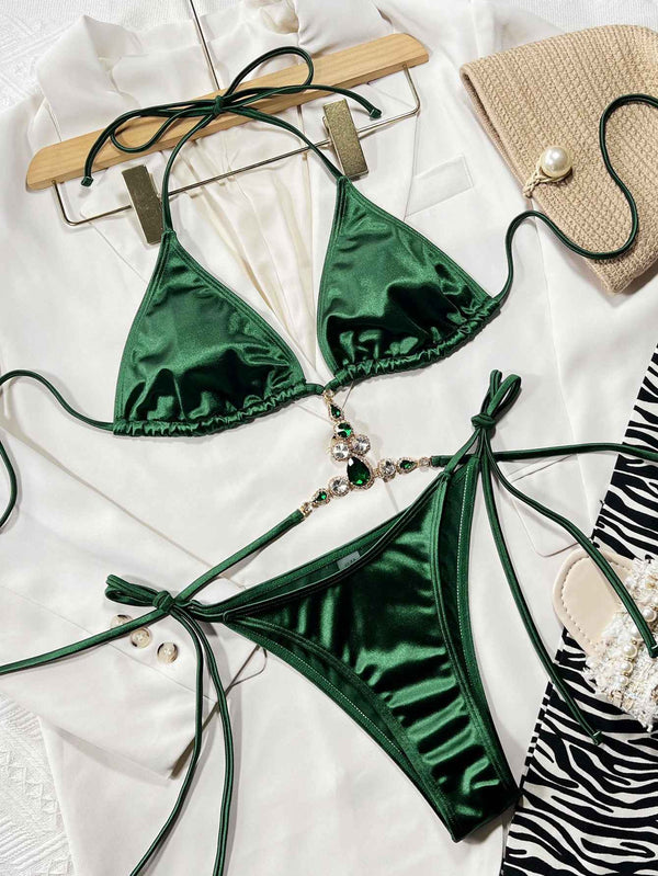 Rhinestone Decor Halter Neck Bikini Set - Obarlay