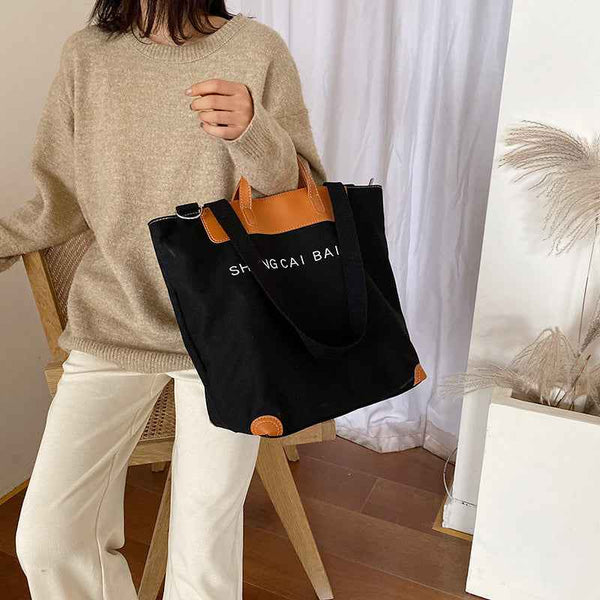 Canvas Bag For Women Trendyy Large Capacity Korean Fashion Handbag Letter Print Mommy Bag Single Shoulder Crossbody - Obarlay