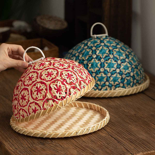 Handmade Rattan Woven Nanyang Style Fruit Plate Bread Basket Round With Lid Insect-proof Table Cover Fruit Leftovers Umbrella - Obarlay