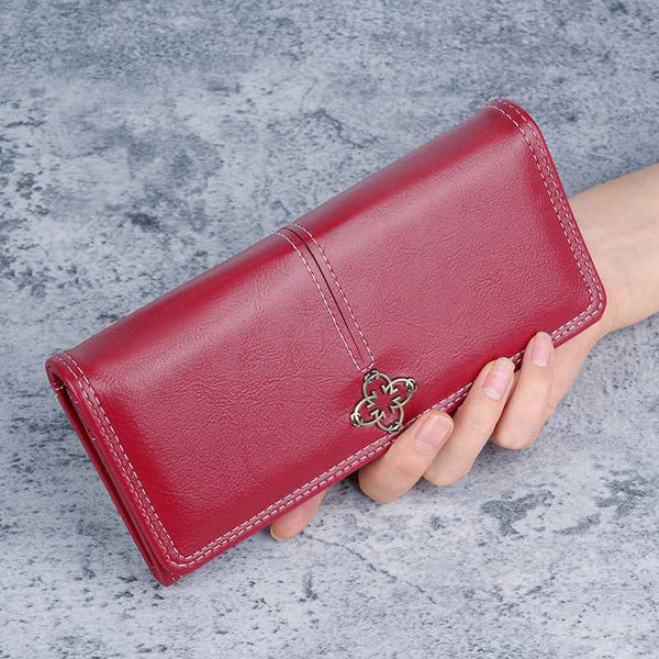 Long Wallet Wholesale Cross-Border European And American Retro Oil Wax Leather Women Wallet Leather Wallet Women - Obarlay